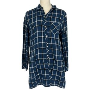 J. Jill Plaid Double Cloth Long Tunic Button Up Flannel Shirt Sz M 90s Grunge